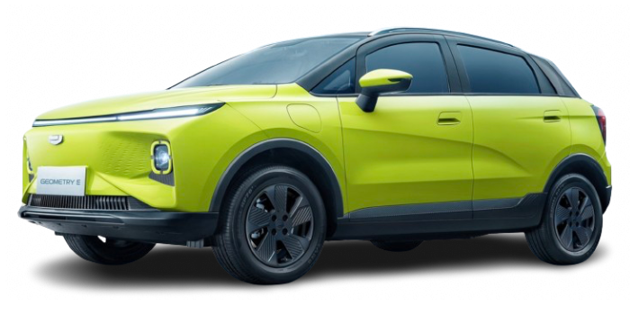 Лимонный электрический кроссовер Geely Geometry E на прозрачном фоне.