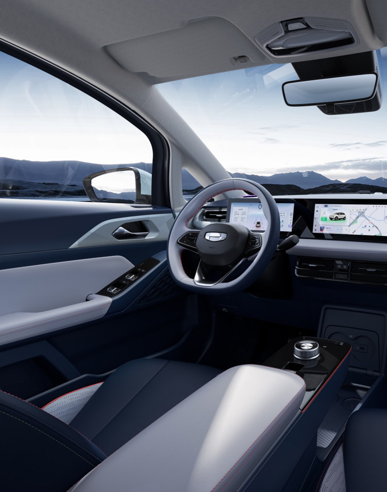 Вид водителя Geely Geometry E, демонстрирующий комфорт и удобство управления