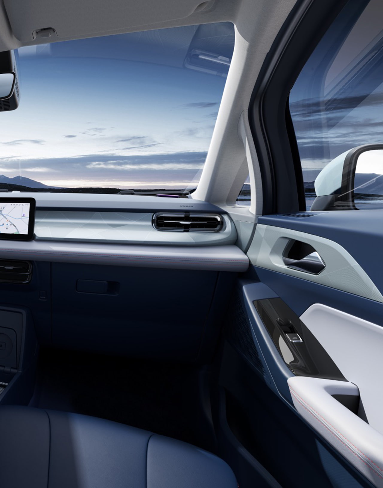 Вид пассажира Geely Geometry E, демонстрирующий комфортное сиденье