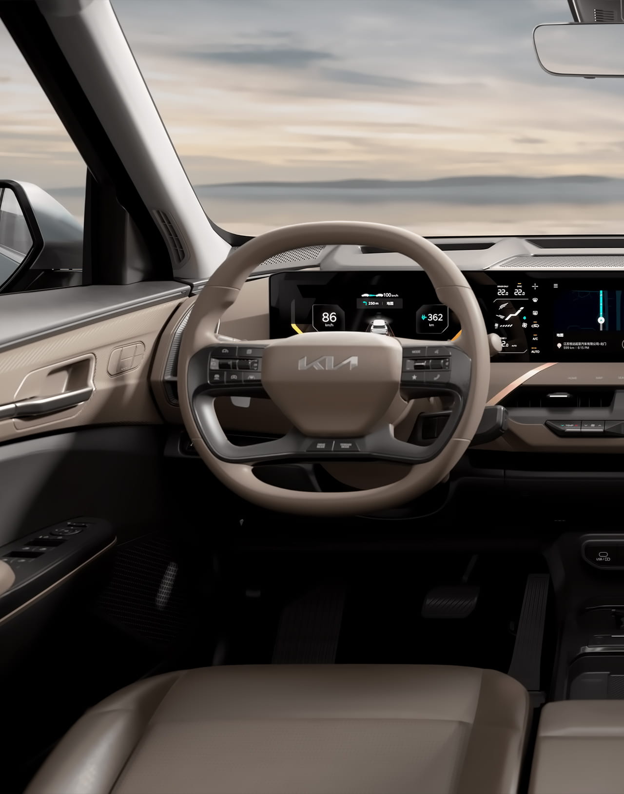 Вид салона Kia EV5 530 Air с панорамным дисплеем и современным рулём, создающий атмосферу высокотехнологичного и комфортного пространства.