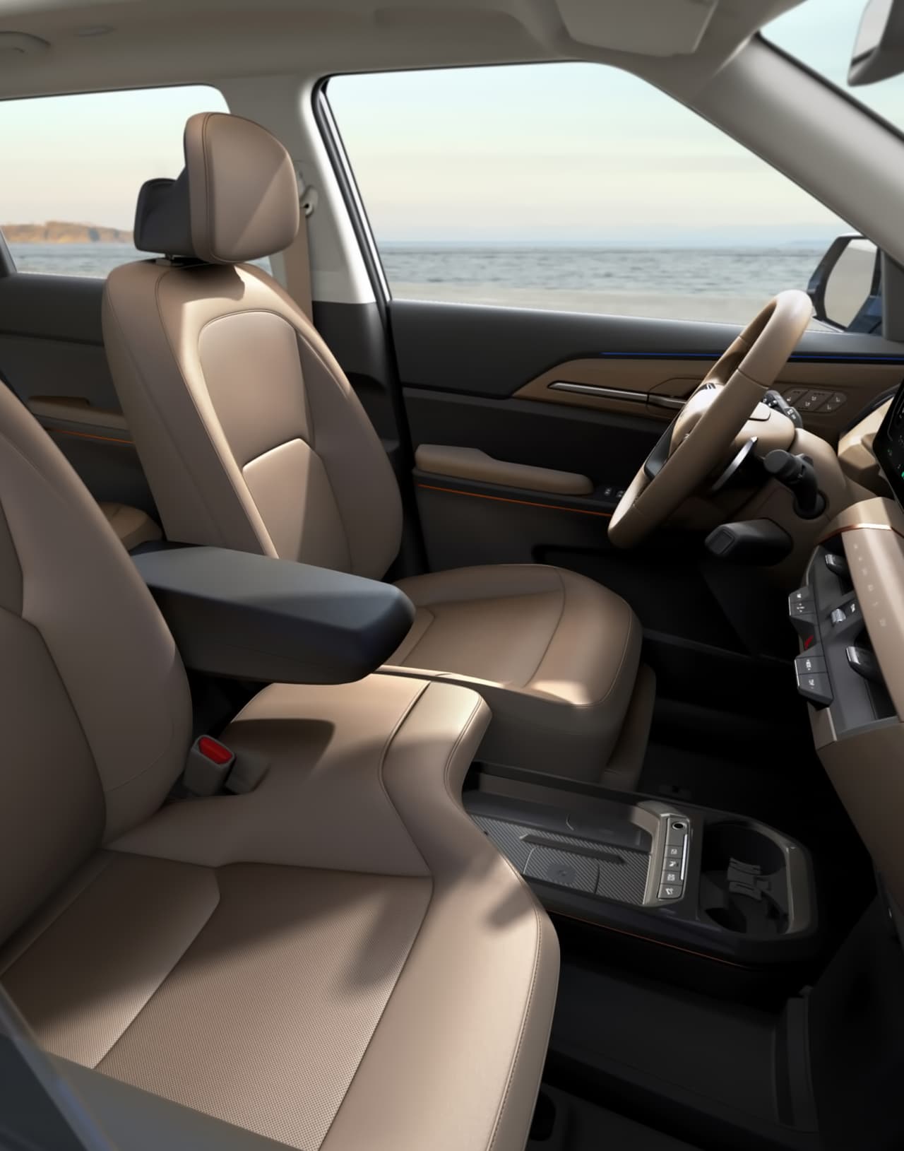 Kia EV5 530 Light в Молдове – боковой вид на передние сидения, руль и большое окно.