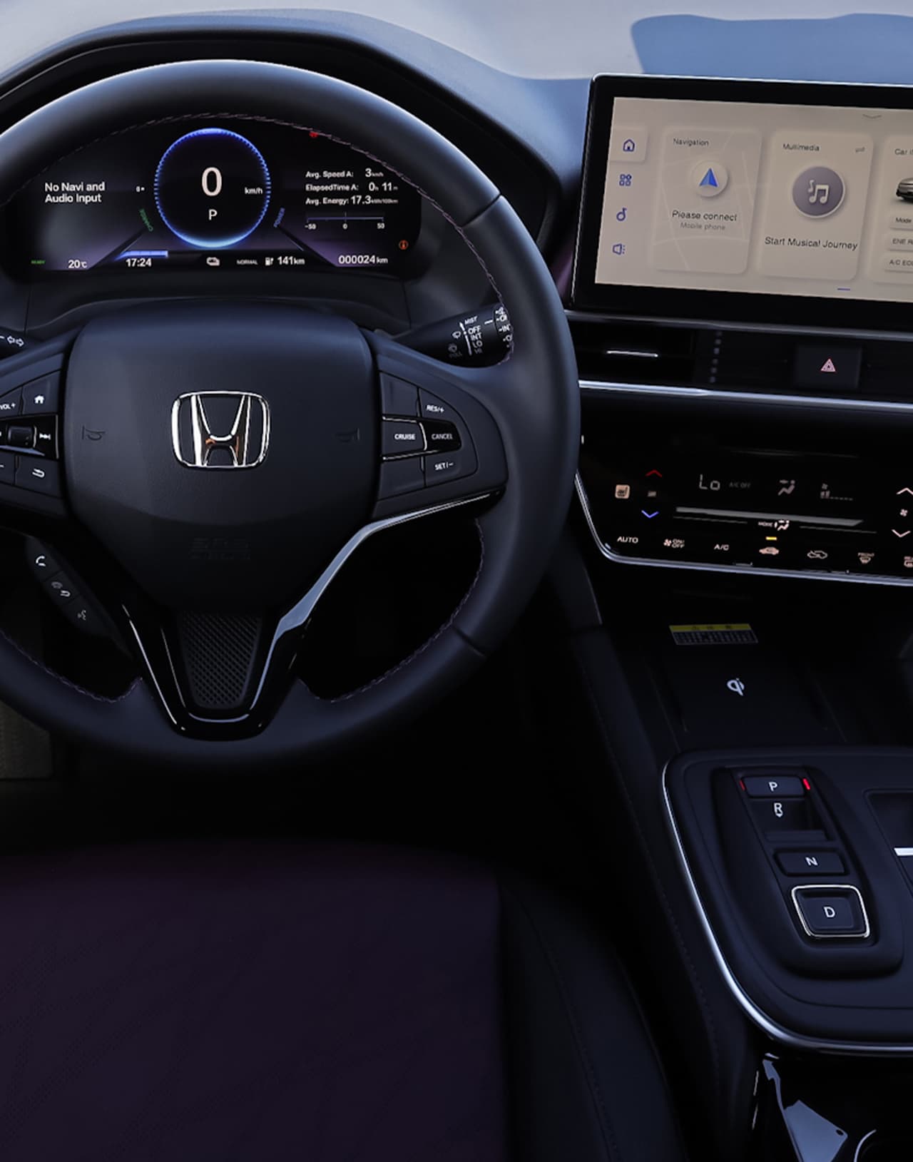 Интерьер Honda M-NV, вид на руль, переднее сидение и LED-экран, современный электрический кроссовер в Молдове.