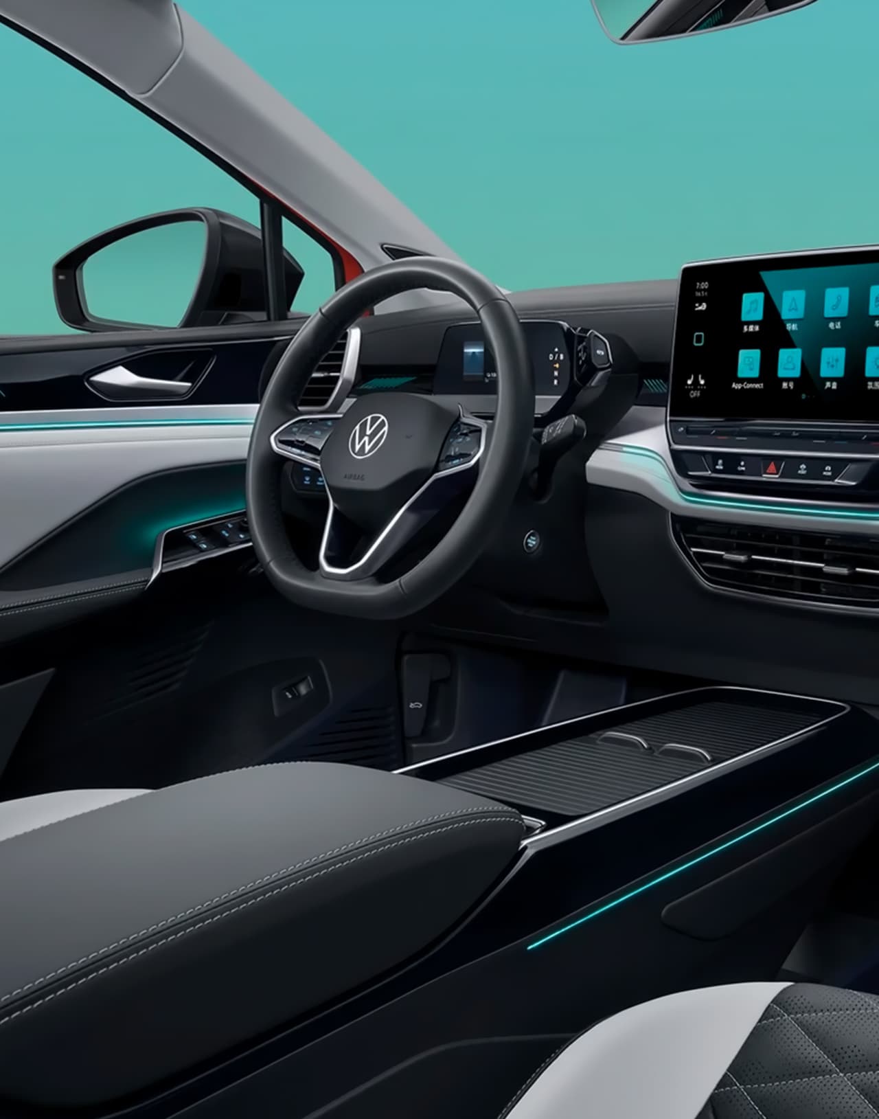 Вид на передние сидения и руль VW ID.6 CROZZ Pro.